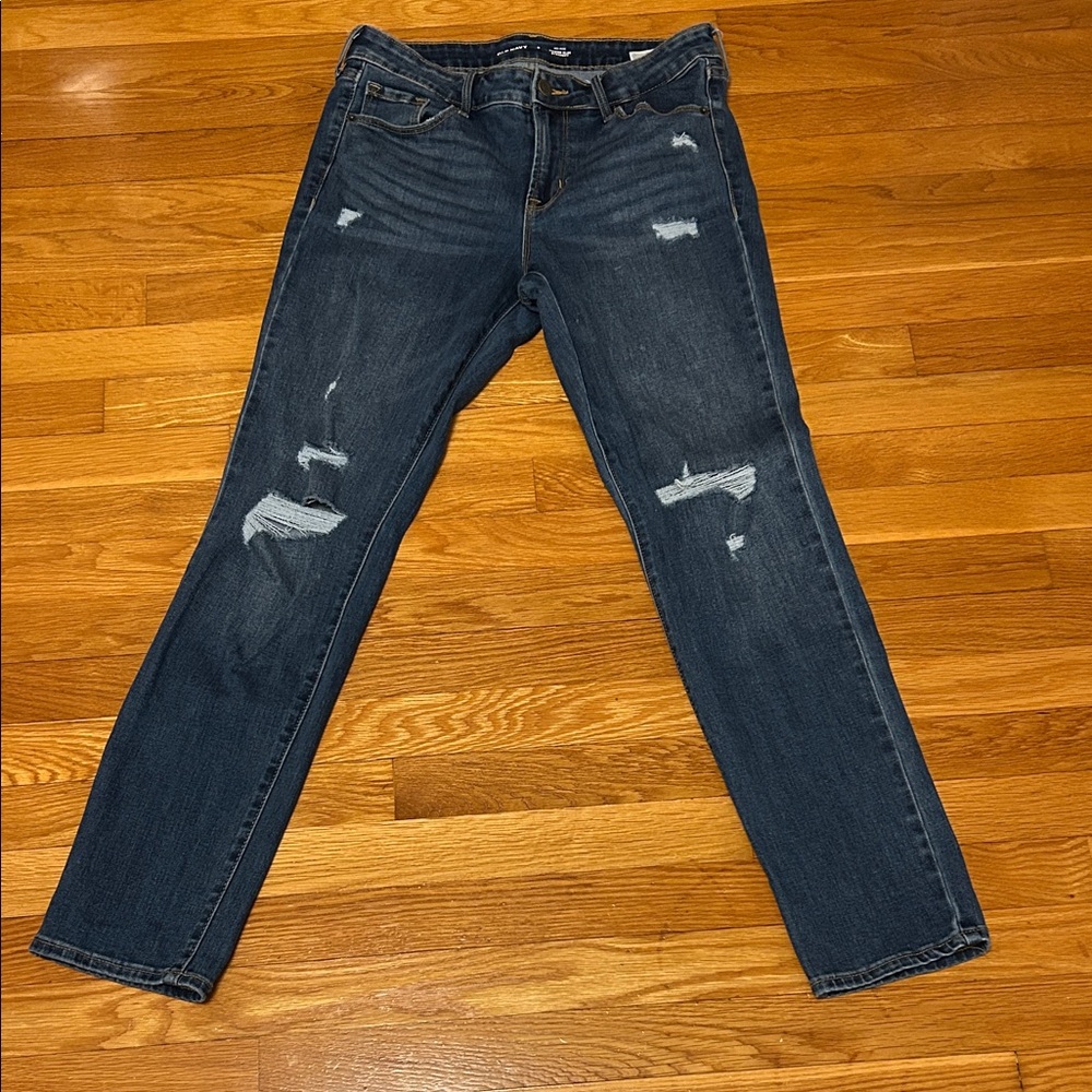 Old Navy Women's Dark Blue Distressed Straight-Leg Jeans